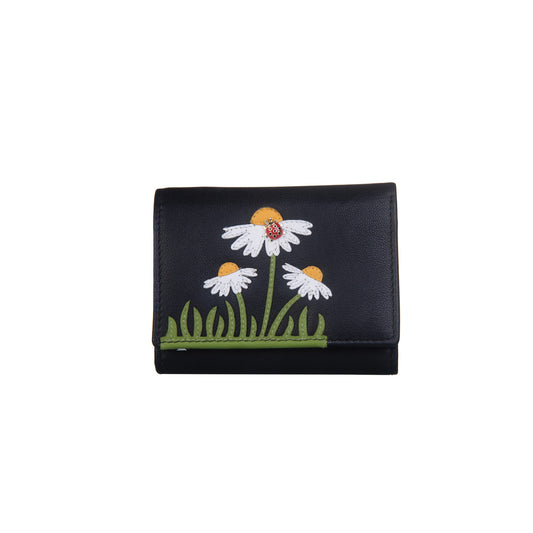 Peony Tri-Fold Leather Purse - Black