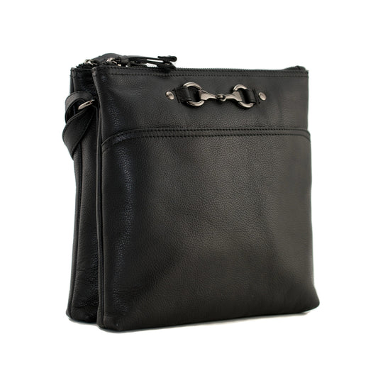 Steed Tall Double Pocket Cross Body Leather Bag - Black
