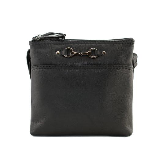 Steed Tall Double Pocket Cross Body Leather Bag - Black