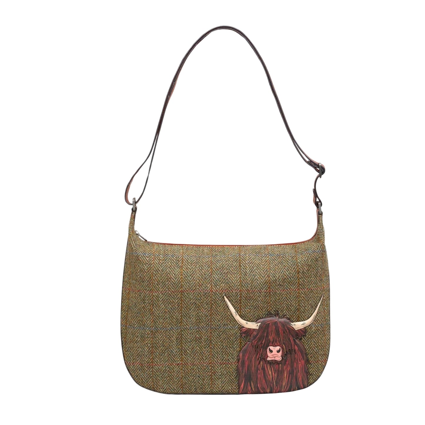 Highland Cow Tweed & Leather Hobo Bag- Brown