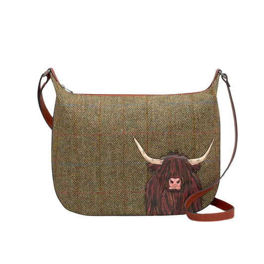 Highland Cow Tweed & Leather Hobo Bag- Brown