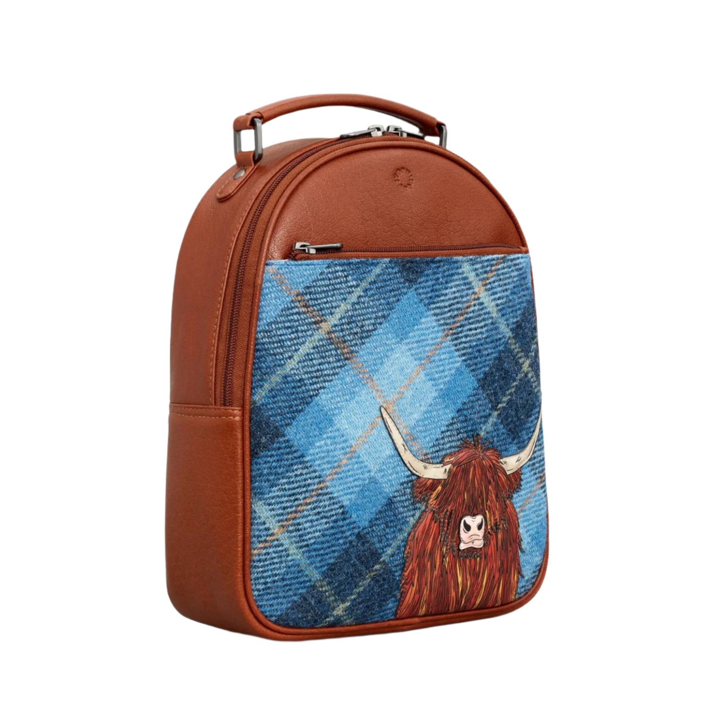 Highland Cow Tweed & Leather Backpack - Blue