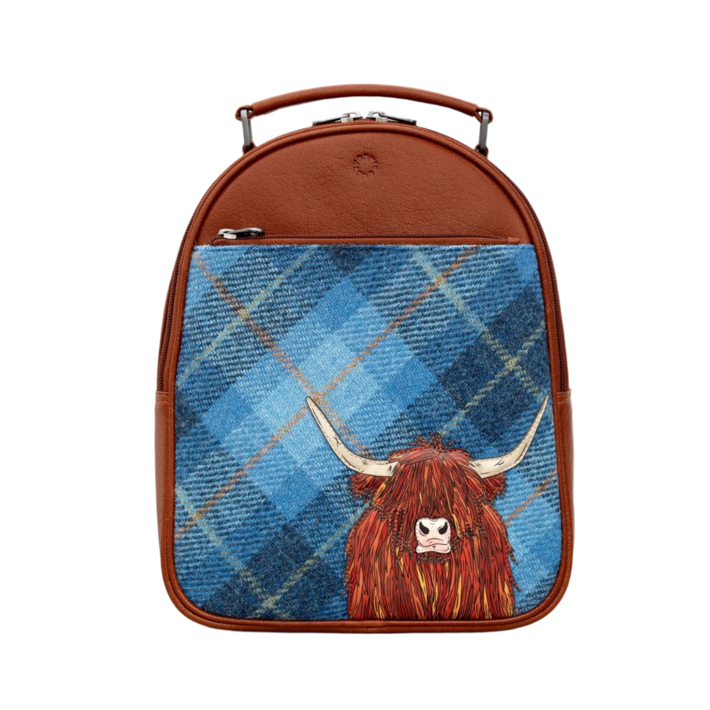 Highland Cow Tweed & Leather Backpack - Blue