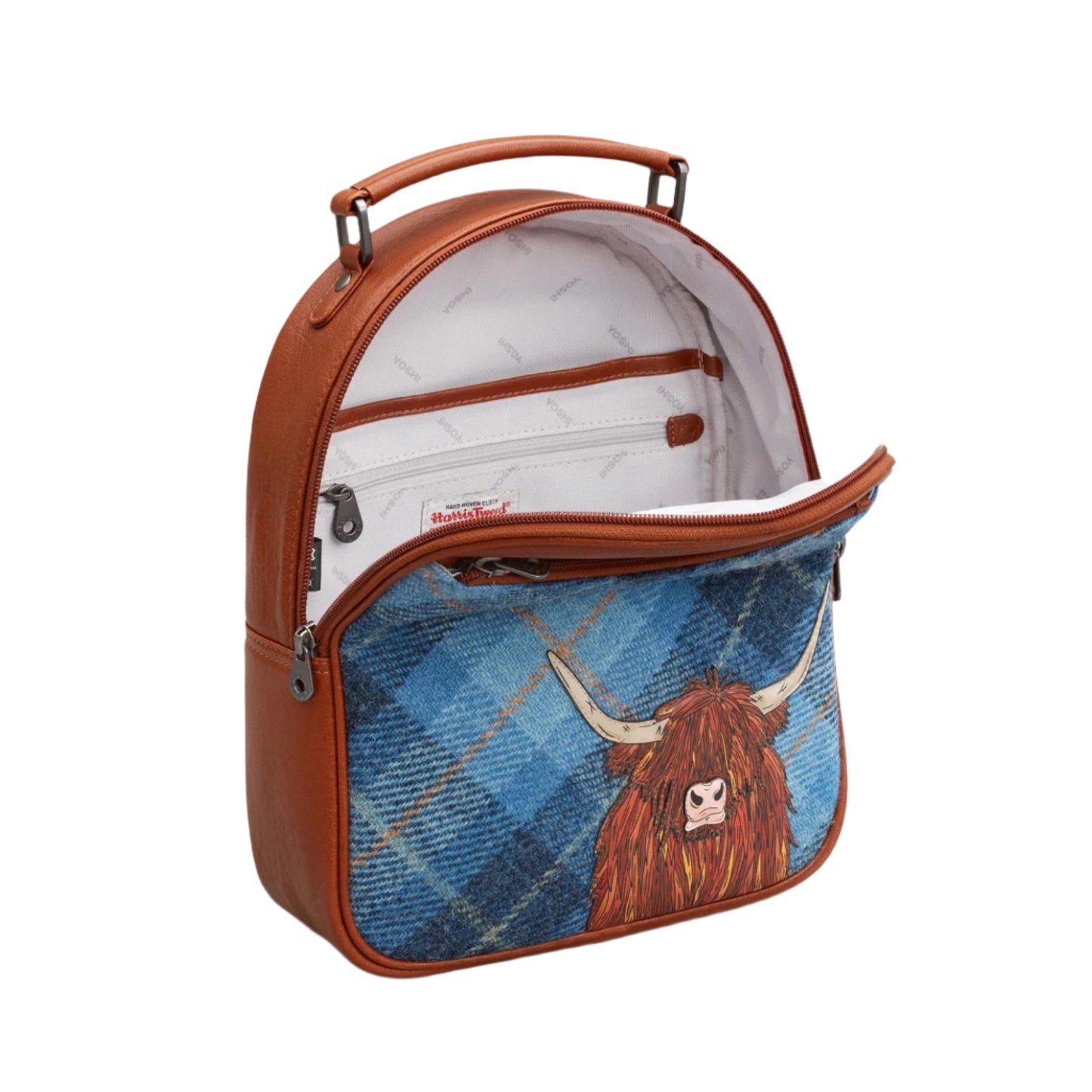 Highland Cow Tweed & Leather Backpack - Blue